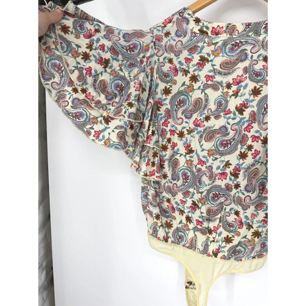 Free People Intimately Call Me Later Paisley Floral Ruffle Tie Front Bodysuit XS